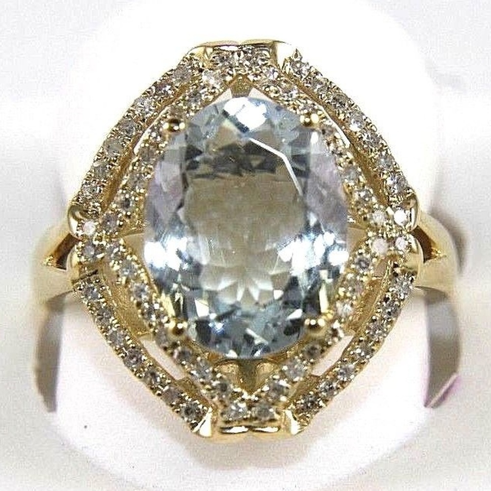 Oval Aquamarine & Diamond Halo Ring 14k YG 3.37Ct
